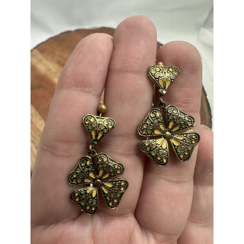Damascene Filigree Butterfly Wings / Four Leaf Clover Screw Earrings